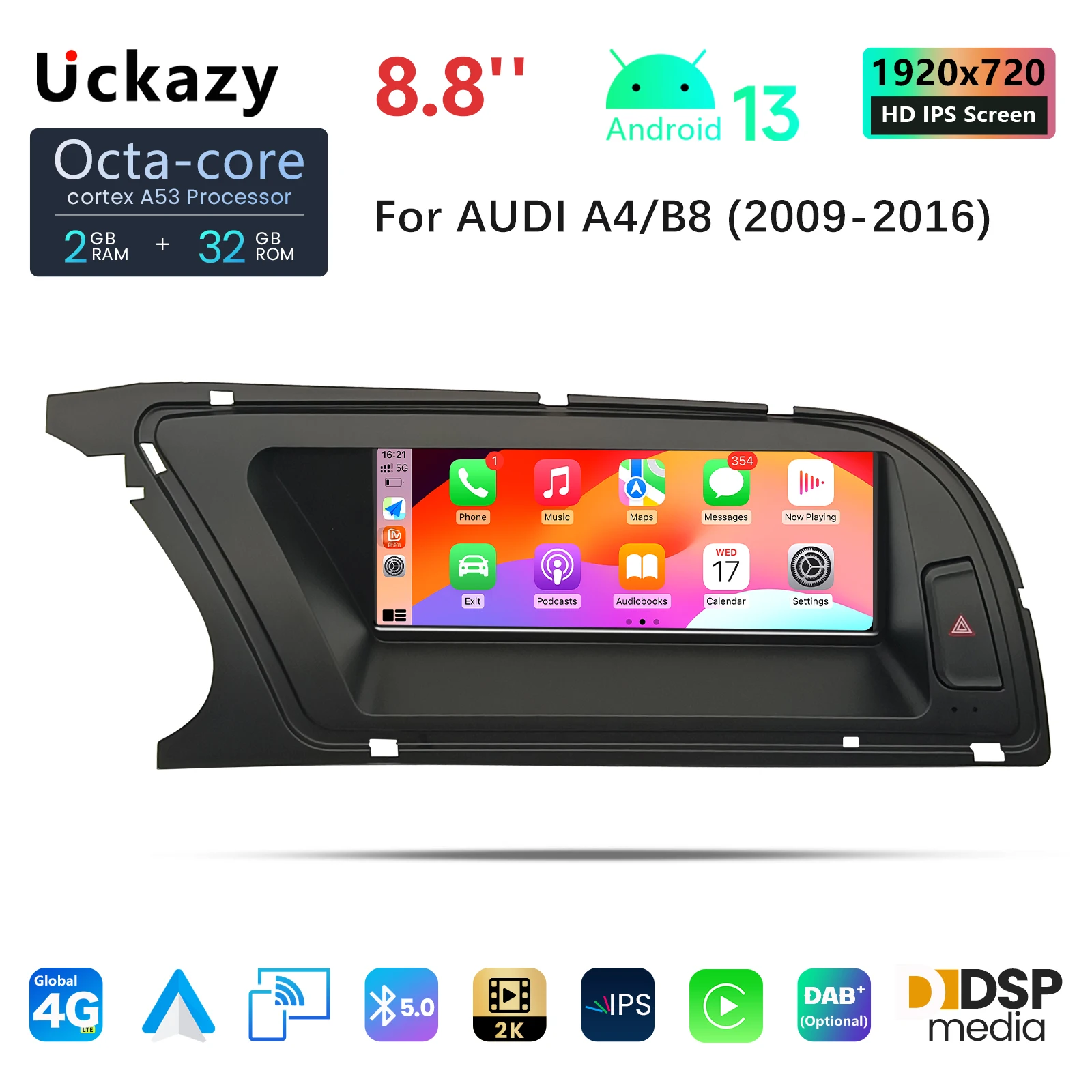 8.8 inch Android 13 Car Radio Screen Player For Audi A4 B8 A5 2009-2016 MMI GPS Navi Multimedia Stereo WIFI 4G Google CarPlay