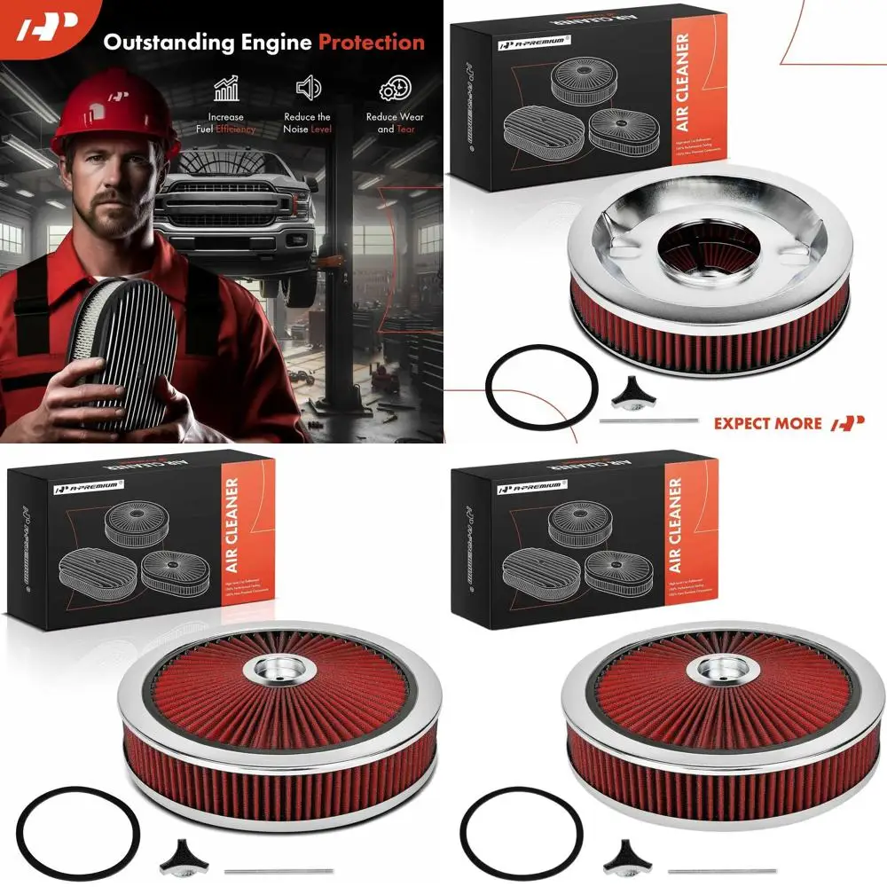 

14 x 3 Round Air Cleaner Filter Assembly - Compatible with Ford Models - 5-1/8 Carburetor, Chrome Red