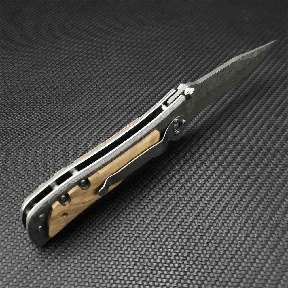 BN 339 Folding Knife Damascus Coating Blade Stainless Steel + Wood Handle Flipper Outdoor Camping Hunting Knives Pocket EDC Tool