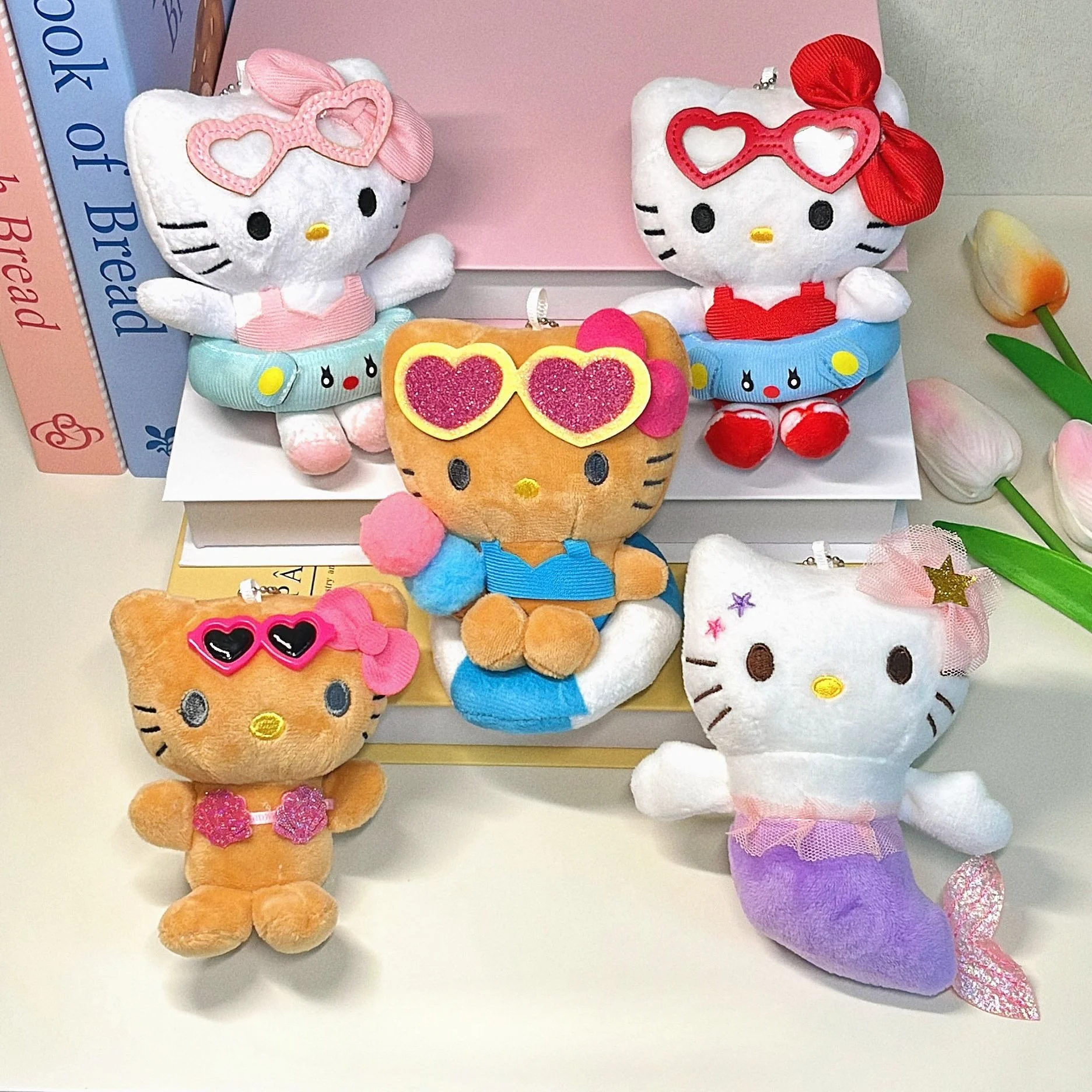 Porte-clés en peluche Hello Kitty KT Cat, motif bague de natation crème glacée d'été, breloque de sac, cadeau Kawaii doux pour les fans garçons et filles, jouet poupée douce