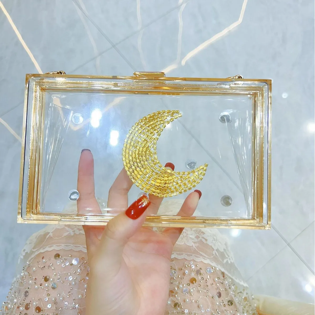 

New Clear Acrylic Small Box Evening Clutch Bags Women's Trendy Moon pattern Chain Shoulder Crossbody Bags Wedding Purses Clutch