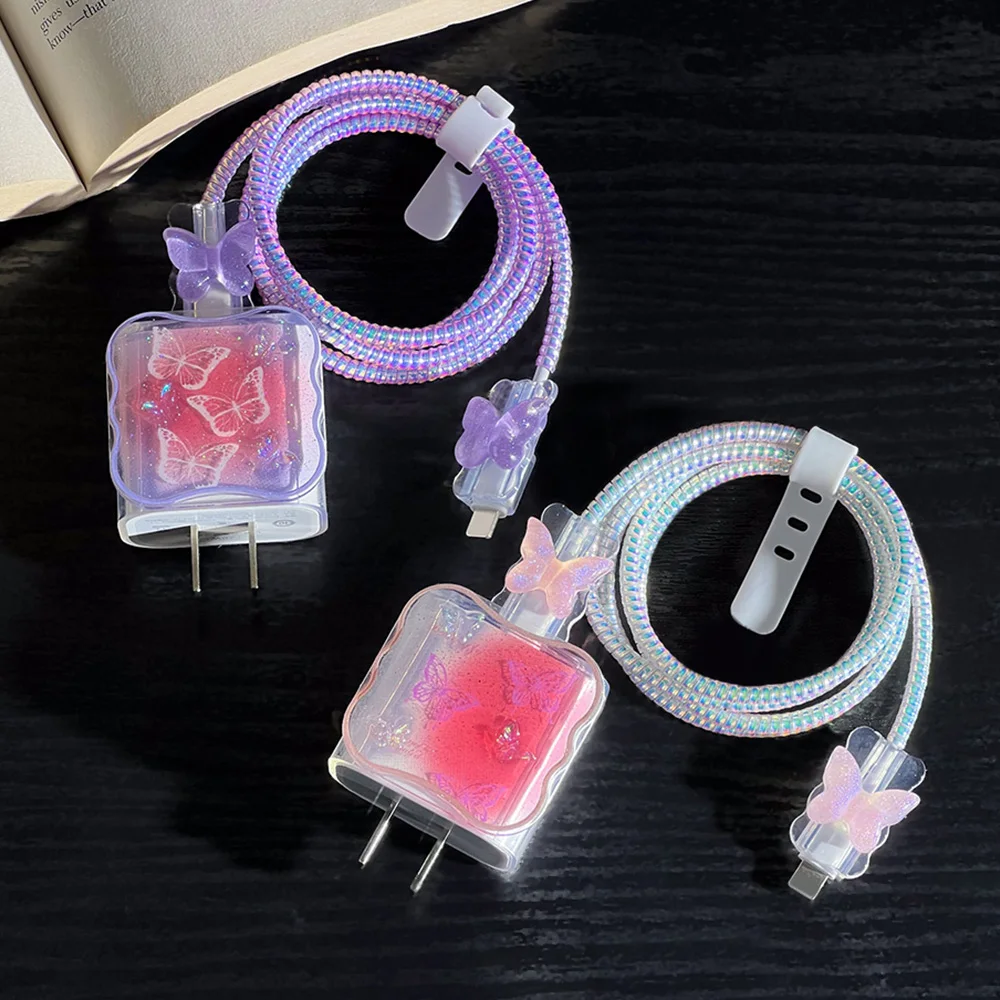 Gradient Butterfly Charging Data Cable Protector Winder Accessories For iPhone 18/20w Cartoon Fast Charger Protective Cover