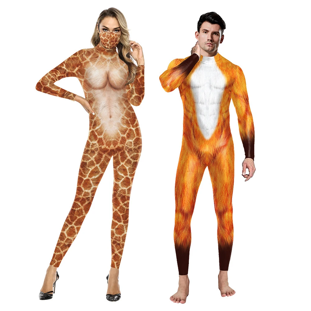 Adult Halloween Giraffe Tiger Lion Jumpsuit Costume Men Women 3D Print Animal Cosplay Bodysuit