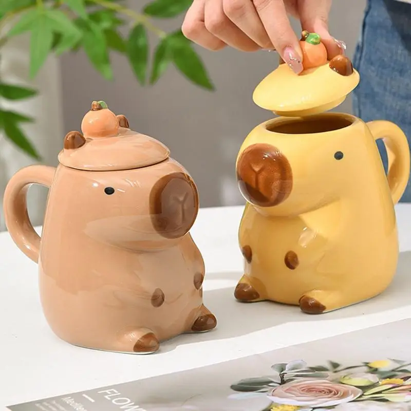 Ceramic Coffee And Tea Mug Novelty Capybara Mugs Cute 3D Non-Slip Animals Mug Milk Tea Cup Cartoon Capybara Couple Cup with Lid