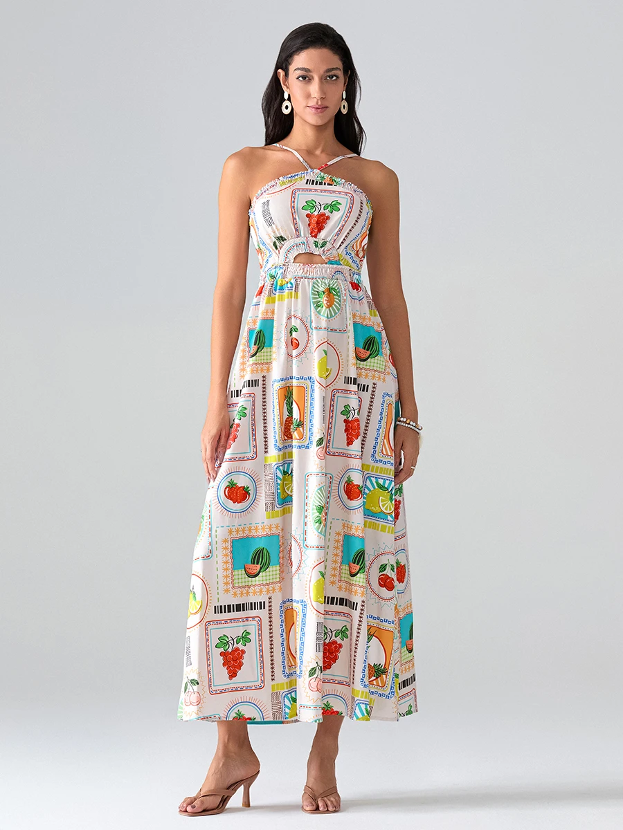 Women‘s Long Dress Summer Boho Strap Square Neck Farm Rio Dress Casual Flowy Graffiti Long Dress Beach Swing Party Maxi Dress