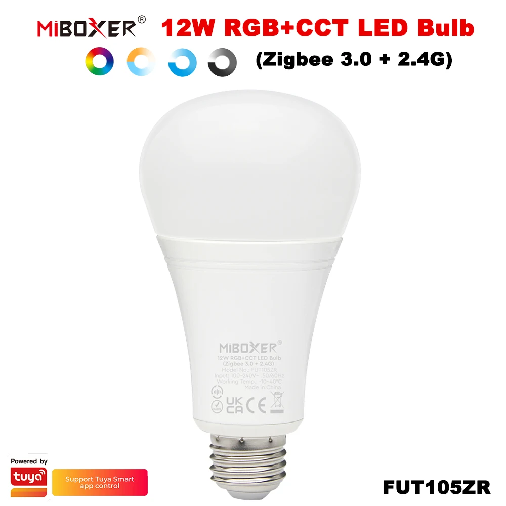

Miboxer FUT105ZR Zigbee 3.0+2.4GRF Smart TUYA AC100-240V 12W E27 RGB+CCT Brightness and color temperature adjustable LED Bulb