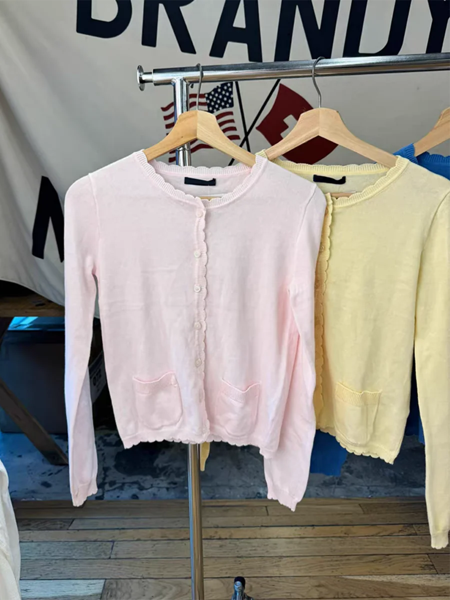 

Pocket Pink Lace Trim Thin Cardigan Women Autumn New Round Neck Long Sleeve Sweater Outerwear Preppy Style Sweet Knitwear Tops
