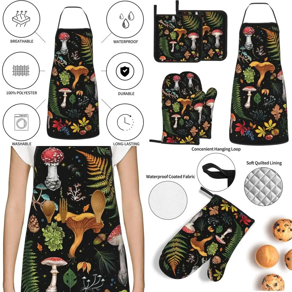 

Heat-Resistant Mushroom Kitchen Set: 5-Piece Mittens, Potholders, and Apron for Cooking & BBQ