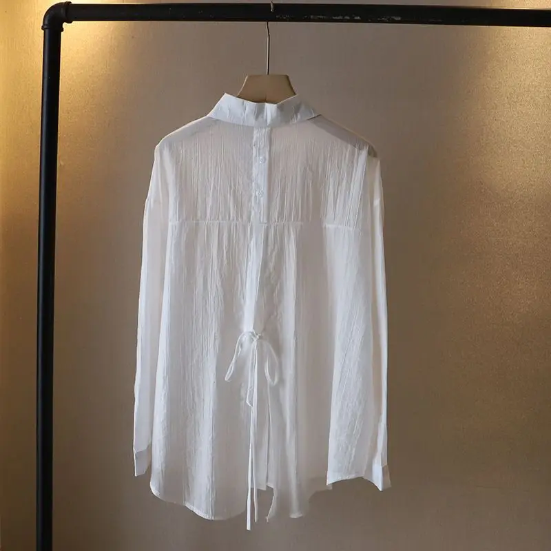 

Summer Women's Lightweight Draped irt Coat Ba Belted Slit Long Sve Sun Protection Collar Top Korean Sle Loose Fit