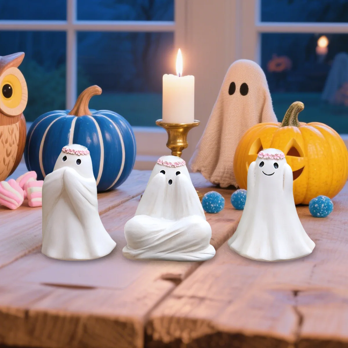 Cute Three Ghosts Statue - See No Evil, Hear No Evil, Speak No Evil Halloween Decor, Funny Party Ornament for Home/Garden