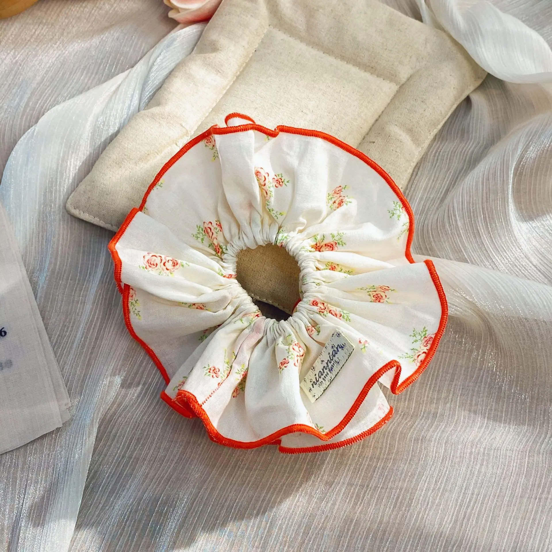 قطعة واحدة من حلقة أمعاء مزدوجة منقوشة متباينة للفتيات الجميلات، فيونكة زهور كورية، حلقة شعر على الأمعاء الغليظة، غطاء رأس بحبل شعر كرات #6