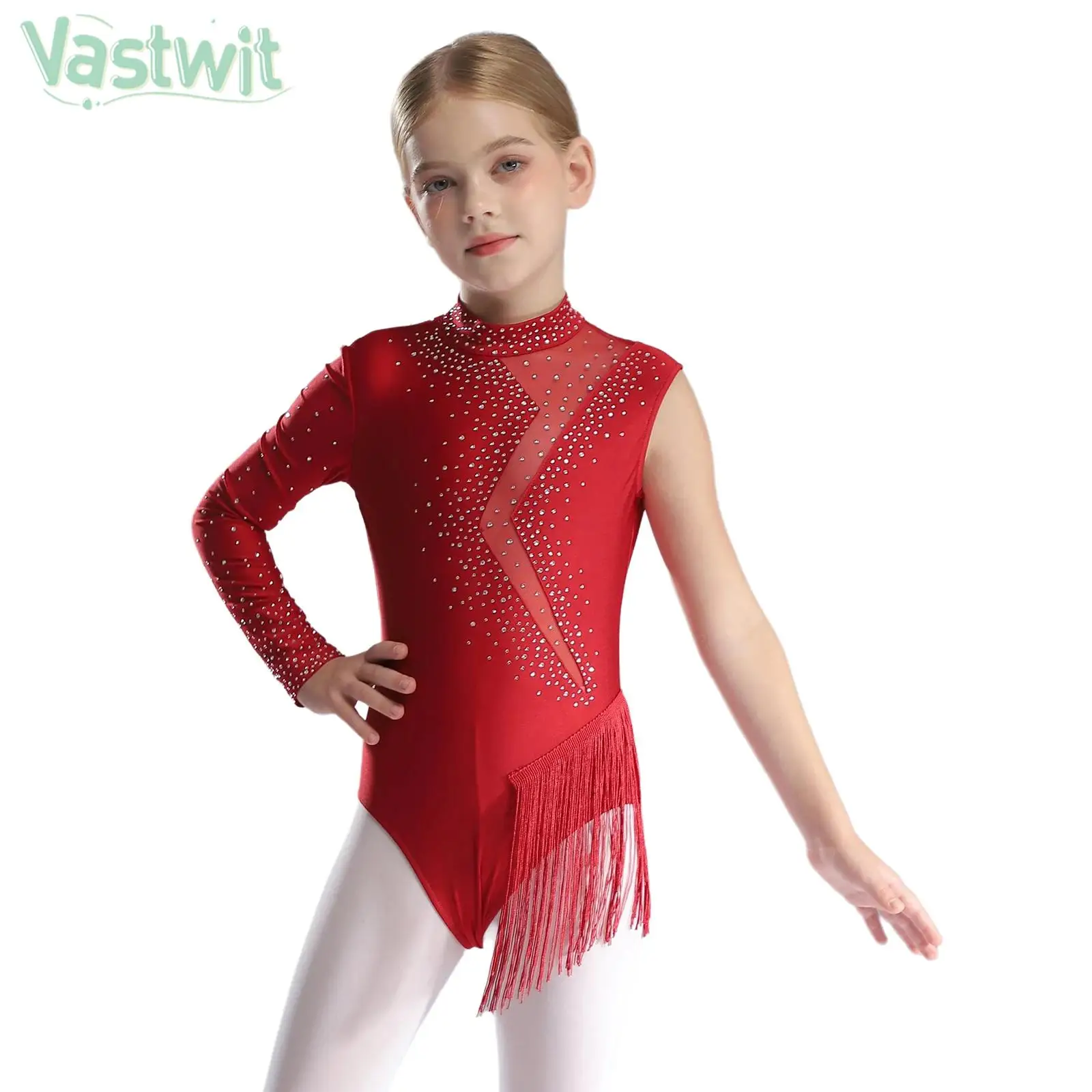 Children Girl One Shoulder Rhinestone Tassel Figure Skating Leotard Latin Dance Cha-cha Gymnastics Acrobatics Bodysuit Dancewear