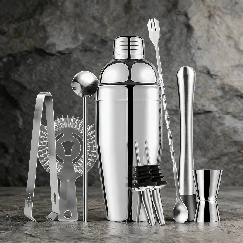 9Pcs Full Stainless Steel Cocktail Shaker Bar Kit Complete Mixing Tools Drink Mixing Cup For  Apartment Mini Bar Holida