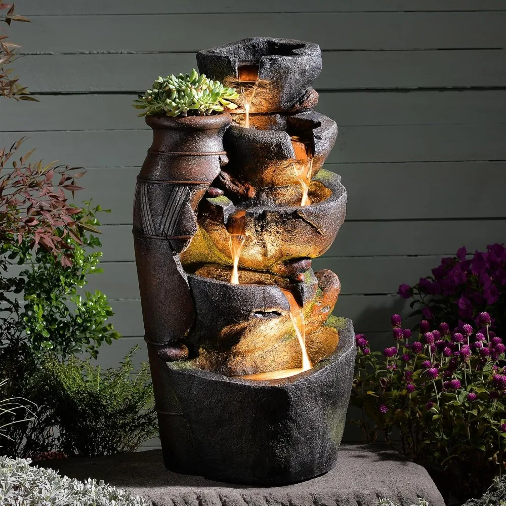 

5 Tiered Rock Water Fountain Outdoor with Vintage Jar, Cascading Waterfall Fountain with LED Lights, Outdoor Fountains