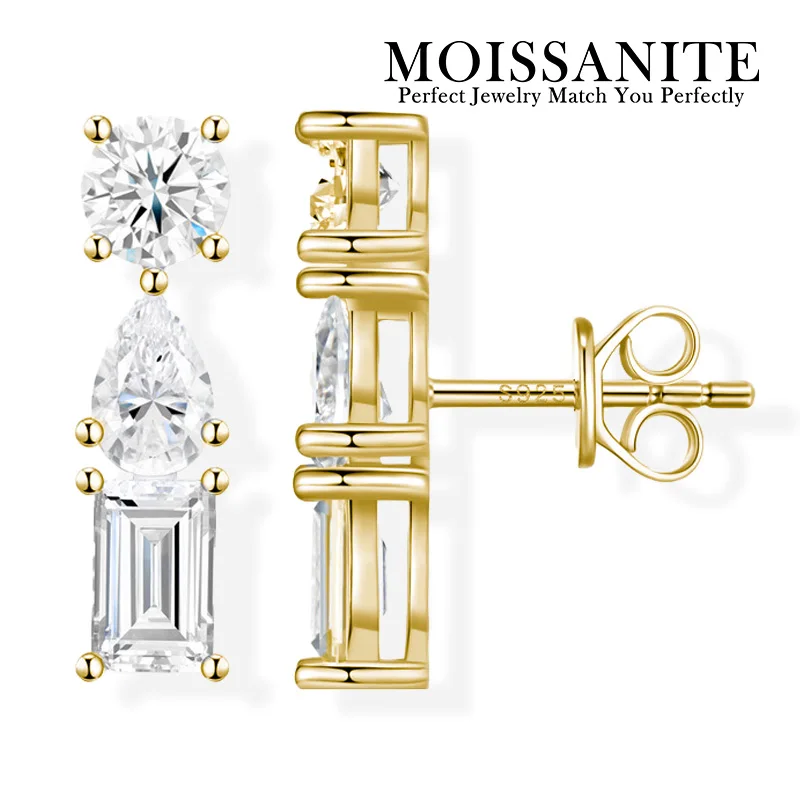 

Tri Shape Moissanite Earrings 925 Sterling Silver 18K Gold Plated Round Pear Emerald Cut Comes with GRA Certificate