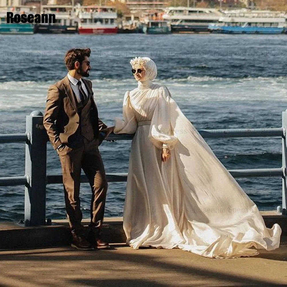 Muslim Ivory High Collar Ivory Mermaid Wedding Dresses 2024 Belt Draped Pleat Brush Train Bride Gown Floor Length robe de mariée