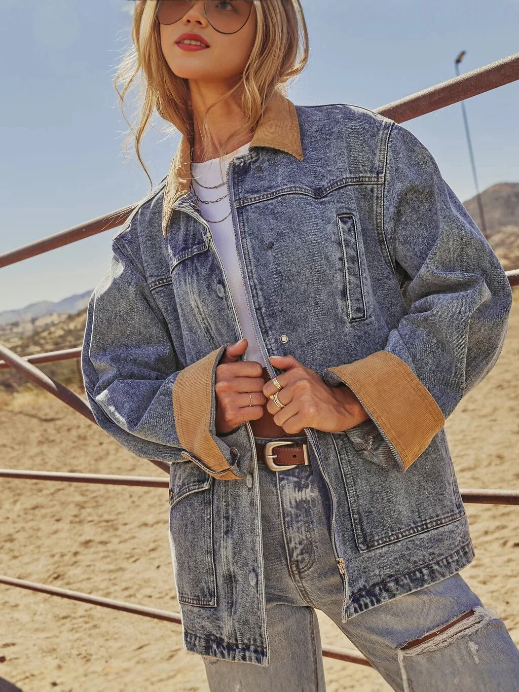Women's American Retro Corduroy Patchwork Lapel Denim Jacket Loose Vintage Washed Top for Spring And Autumn