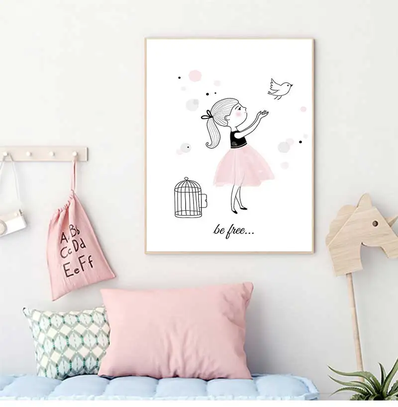 Art Canvas Painting Prints Ballet Girl Bedroom Picture Kids Room Poster Pink Rabbit Children Baby Decor Nursery Wall