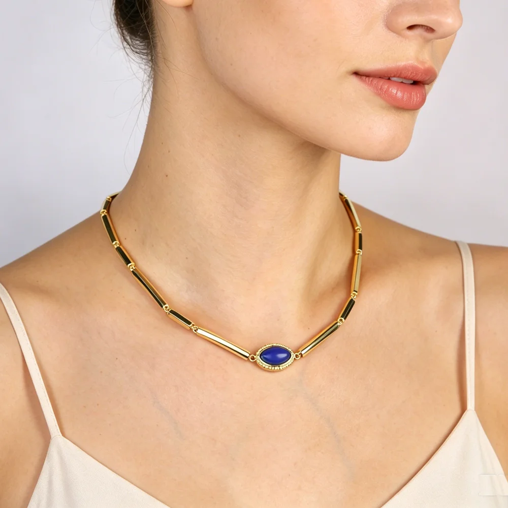 Trendy Gold Plated Blue Eyes Same Series Hexagonal Bamboo Chain Bracelet Vintage Elegant Women's Necklace Party Jewelry Gift