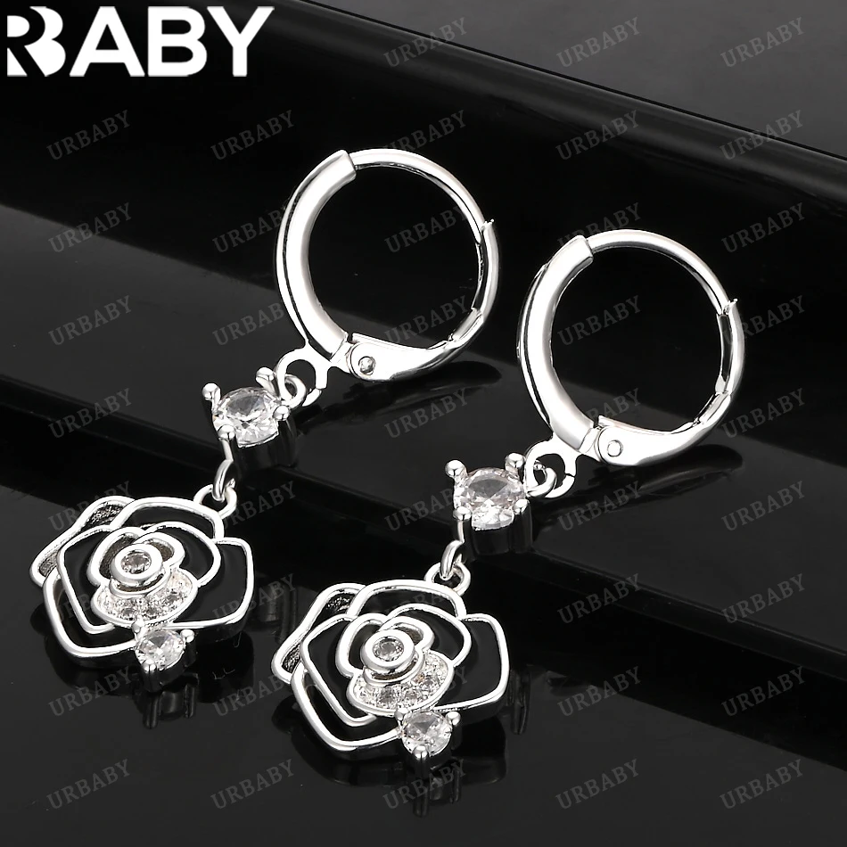 

URBABY 925 Sterling Silver Earrings Rose Flower Zirconia Drop Earrings For Women Jewelry Fashion Party and Daily Wear