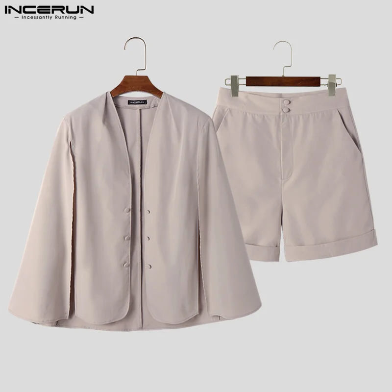 INCERUN 2023 Men Sets Solid Color Streetwear Long Sleeve Hollow Out Irregular Cloak & Shorts 2PCS Fashion Men Casual Suits S-5XL