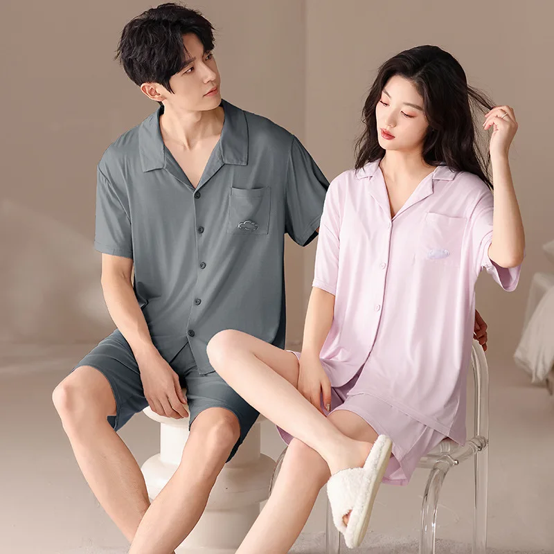 Couple's Summer pajamas for women thin modal short-sleeve top and shorts cardigan cool men's homewear set pyjama homme Mujer