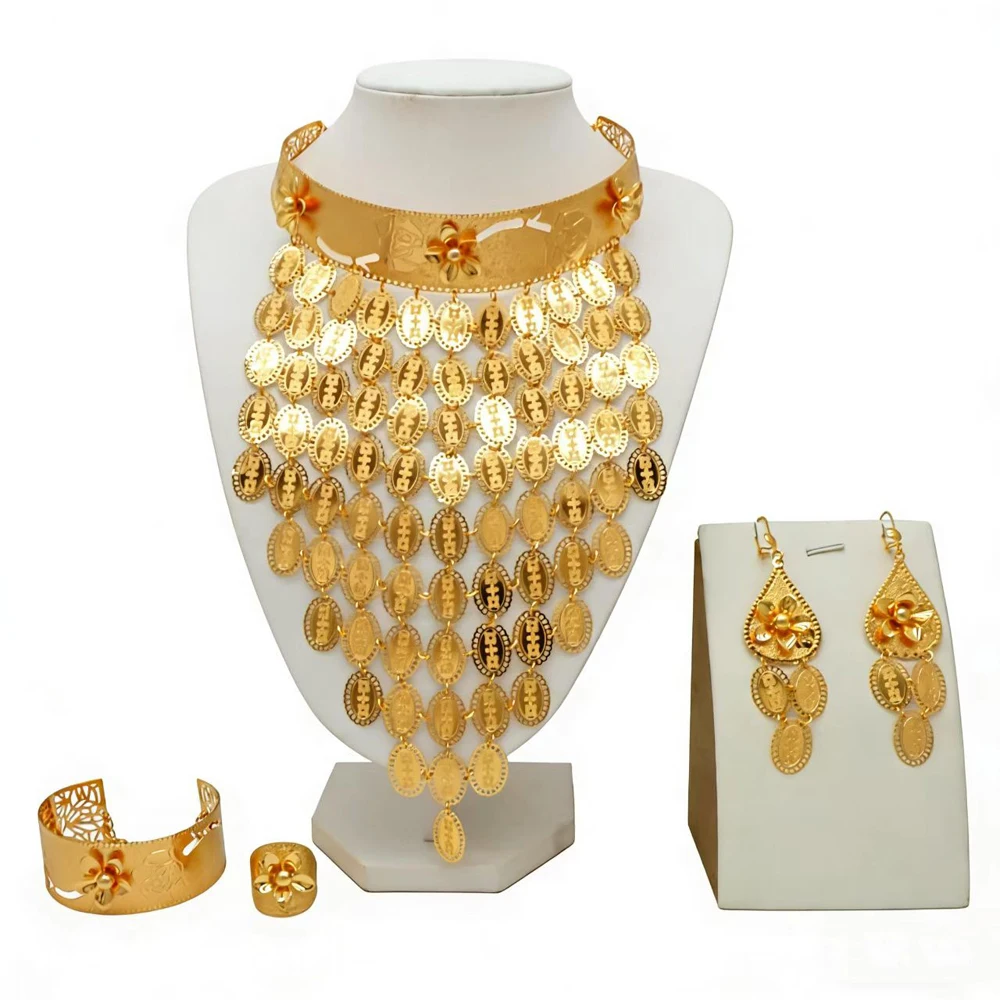 African-inspired Fringe Jewelry Set Wedding Party Ethnic-Style Gold-Plated Choker Set with Dangle Earrings Fashion Jewelry Set