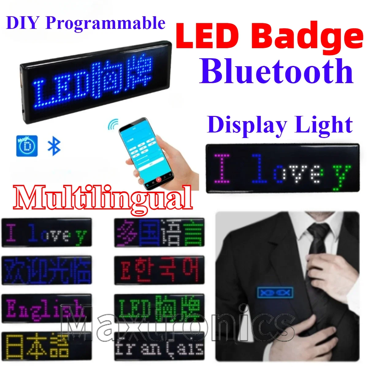 NEW DIY Multilingual LED Digital Badge USB Bluetooth Programmable HD Text Name Badge Scrolling LED Tag Sign Module Display Light
