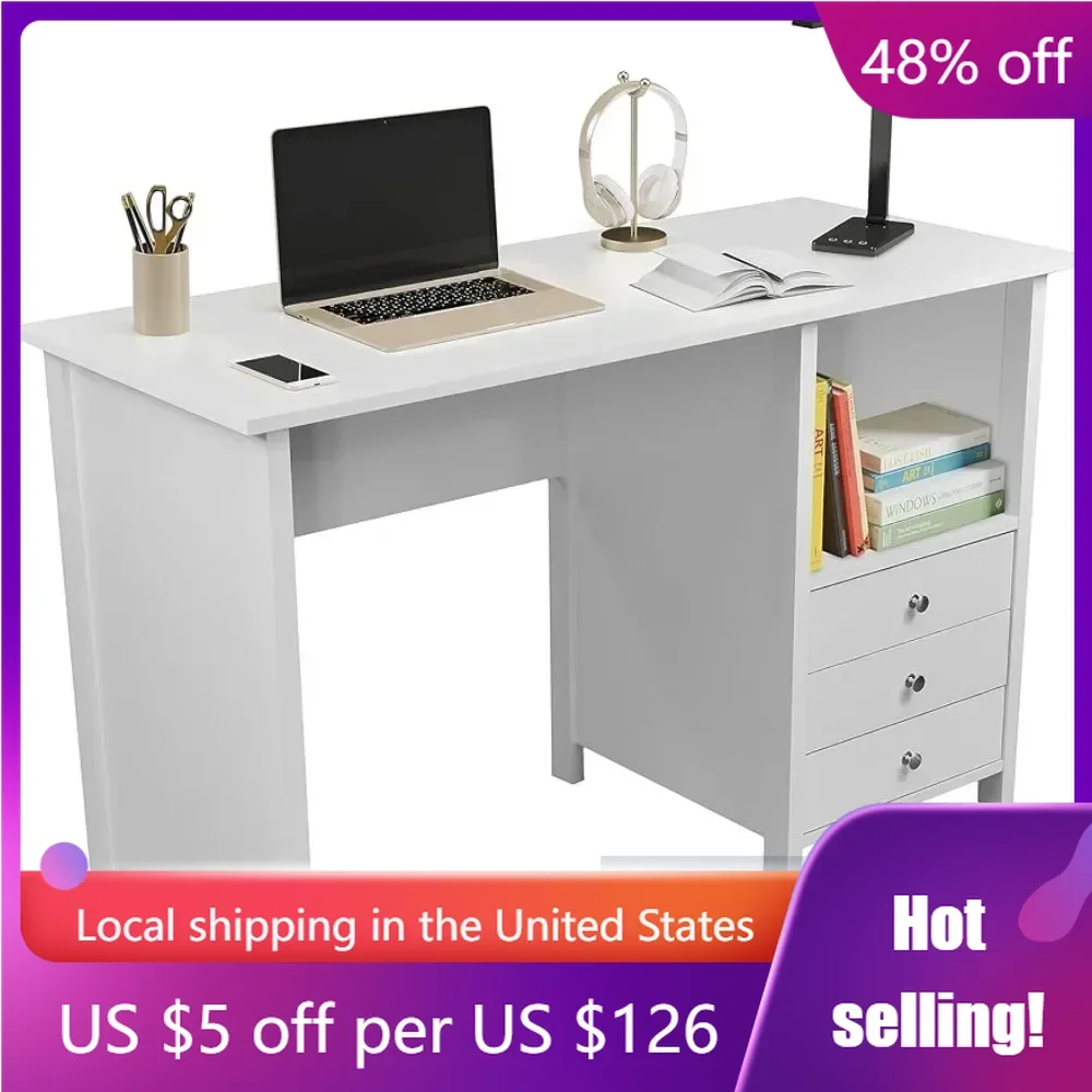 

White Desk With Drawers - Small Office Desk With 3 Cabinet Drawers Portable Folding Table Values Open Shelf Gamer Chair Desktops