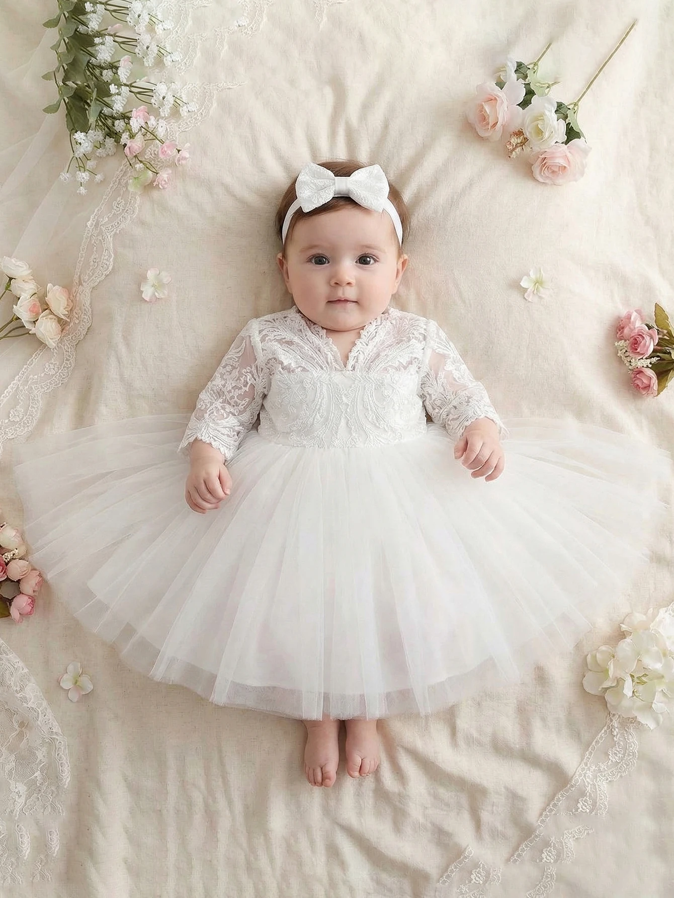 Baby Girl Bowknot Decorated White Dress with Lace Embroidery Netting A-line Short-Sleeved Girls' Party Dress for Daily Outings