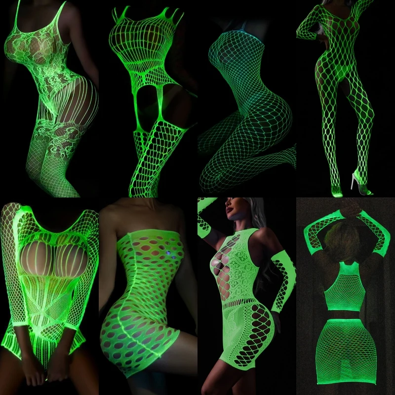 White Sexy Lingerie High Elastic Fishnet Bodysuit Luminous Open Crotch Full Body Pantyhose Pole Dance Teddy Erotic Underwear