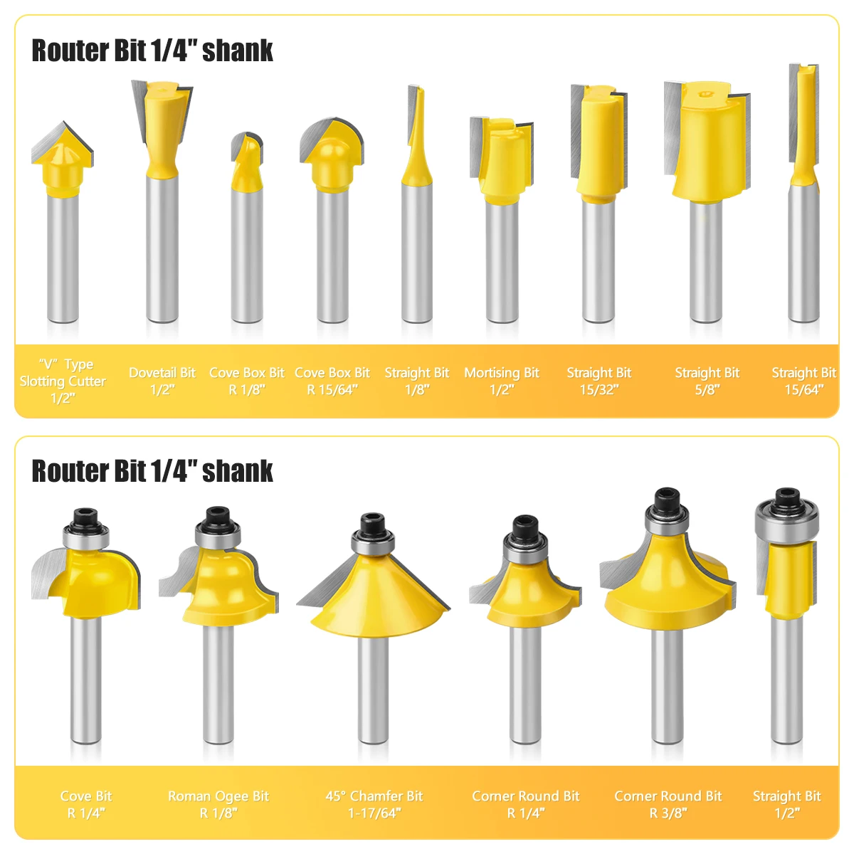 15pcs 6mm 8mm 1/4in 1/2in Shank Router Bit Set Trimming Straight Beading Milling Cutter Carbide Cutting Woodworking Tools