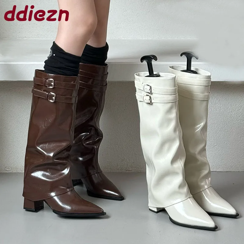 

Модные женские сапоги до колена с пряжкой и каблуком, женская обувь с острым носком, вечерние современные женские высокие сапоги, туфли-лодочки