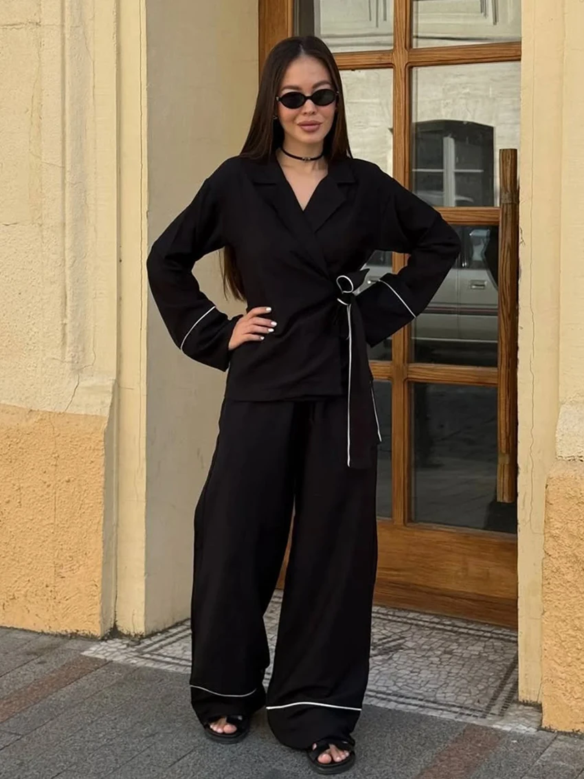 

Marthaqiqi повседневный женский комплект одежды для сна, пижама с длинными рукавами, ночная рубашка на шнуровке, сексуальные ночные рубашки с отложным воротником, брюки, костюмы для сна