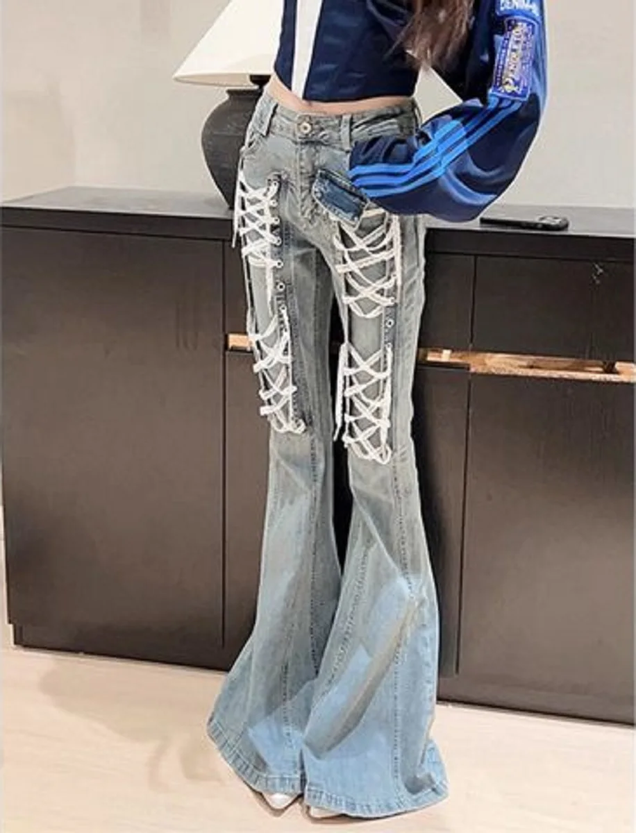 

Heavy Industry Strap Cross Design Washed Straight Jeans Spring Summer New Niche Design Sense Millennium Wind Micro Bell-Bottoms