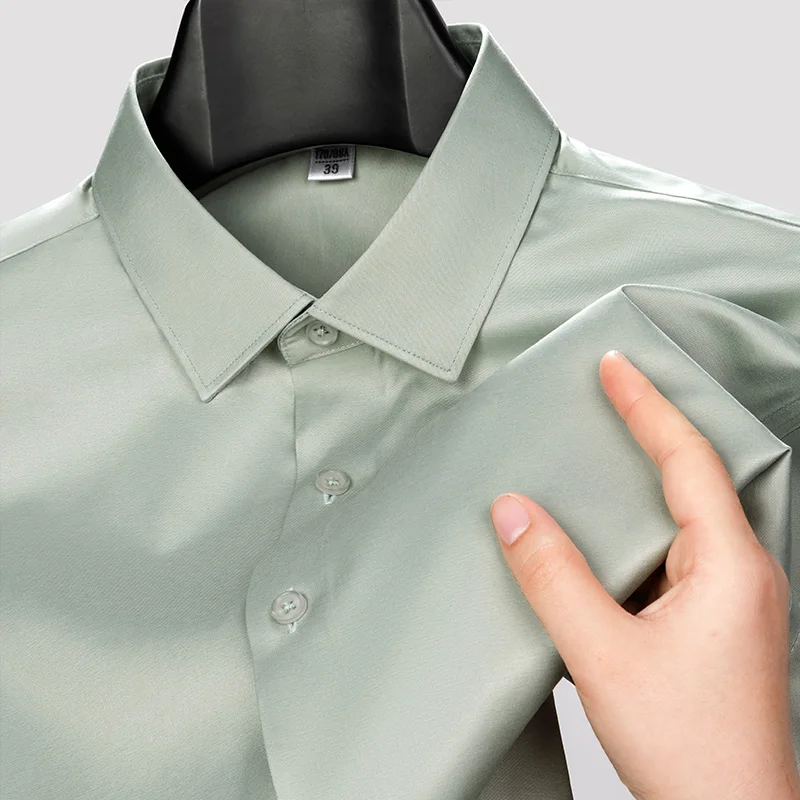 الرجال قميص غير الكي المضادة للتجاعيد الأعمال عادية بلون مطاطا السلس طويلة الأكمام العمل الاجتماعي الأزرق الأبيض فستان قميص 5XL