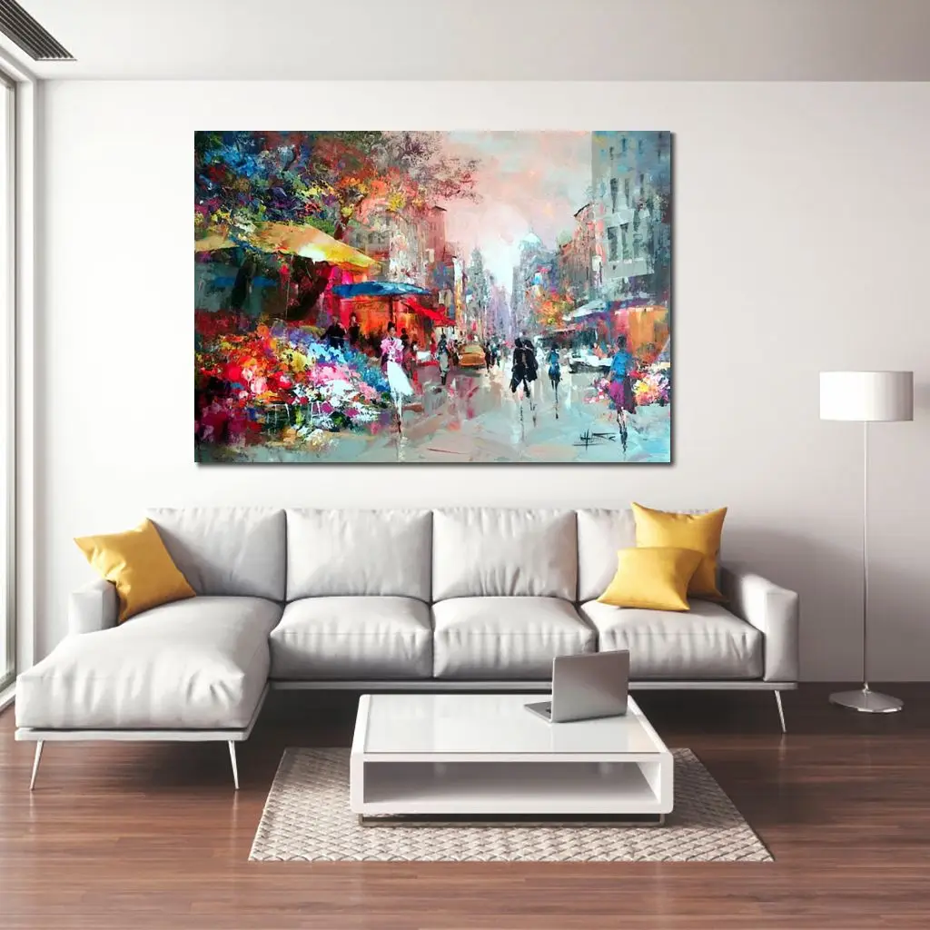 City Street Landscape Canvas Art Flower Market Handmade Modern Abstract Figure Artwork Kitchen Room Bathroom Decor Best Gift