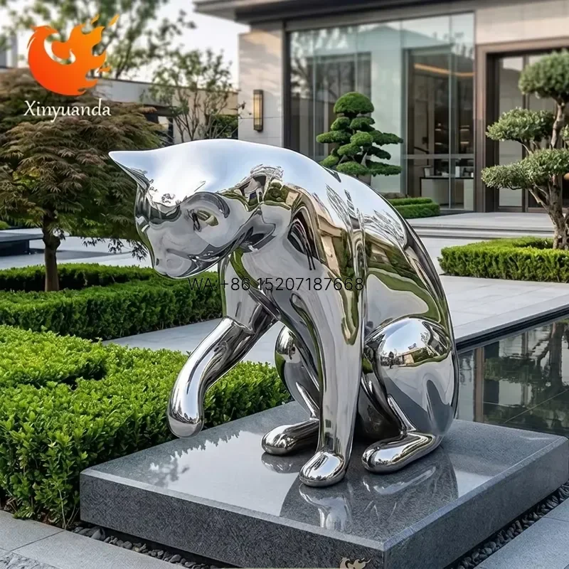 Wmwmnu Abstract Mirror Cat Stainless Steel Sculpture for Municipal Park Industrial Park Public Green Space Outdoor Landscape