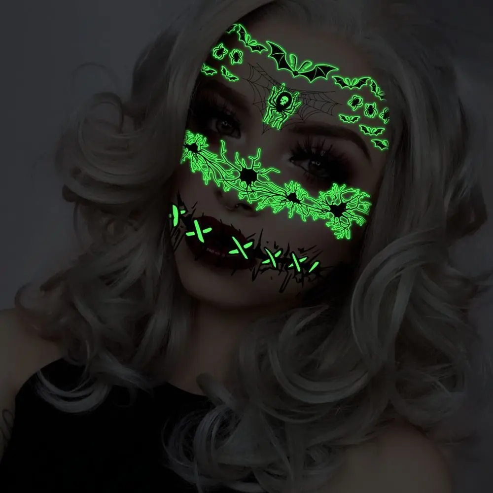 Glowing Mouth Halloween Luminous Tattoo Sticker Ghost Cobwebs Body Art Decals Green Scary Water Transfer Stickers Women Men