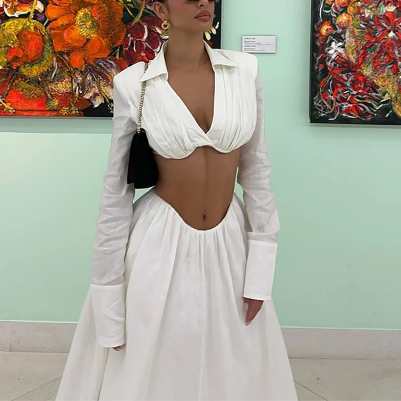 

Летние однотонные комплекты с юбками с высокой талией и карманами: элегантные повседневные комплекты для женщин, модные укороченные топы с отложным воротником и длинными рукавами и юбки-миди.