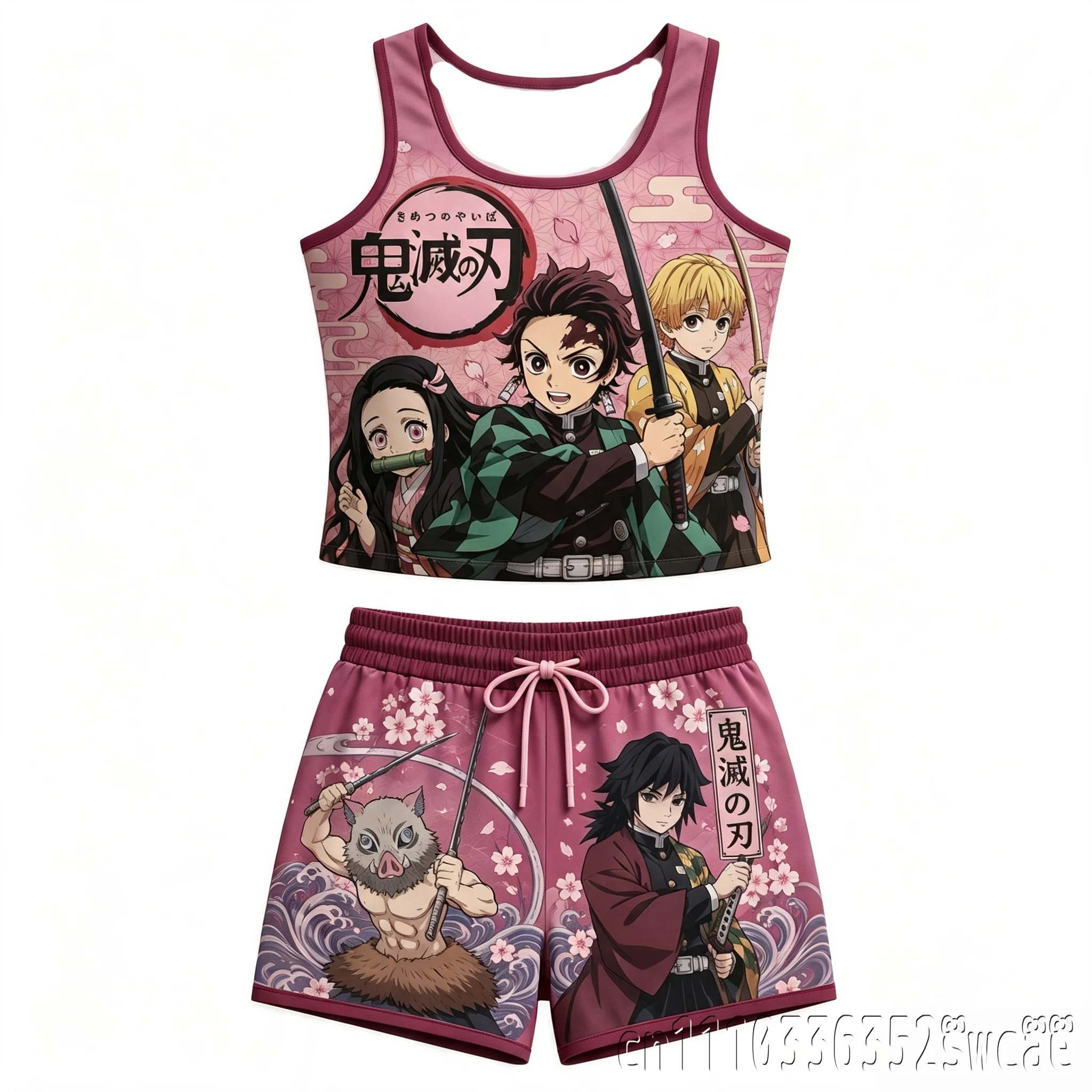 Anime Demon Slayer Printed Crop Tank Top and Shorts Set Women Hot Girl Tank Casual Two Piece Outfit FamilyMatching