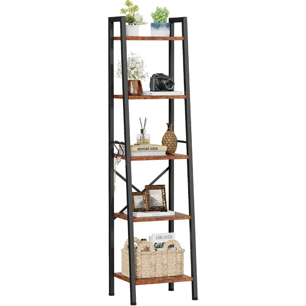

5 Tier Ladder Shelf Bookcase, Tall Narrow Bookshelf with 2 Hooks, Rustic Brown Bathroom Corner Book Shelf, Metal Wood Book Case
