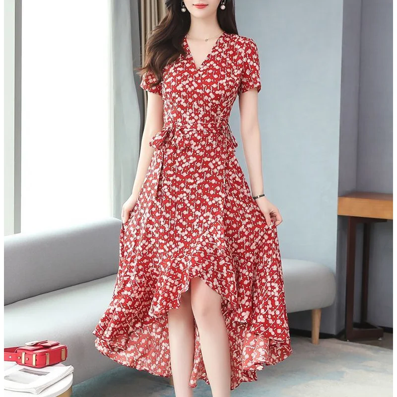 2023 New Summer Elegant and Fashionable V-neck Fashion Printed Belt Slim Fit and Irregular Belly Covering Women's Dress