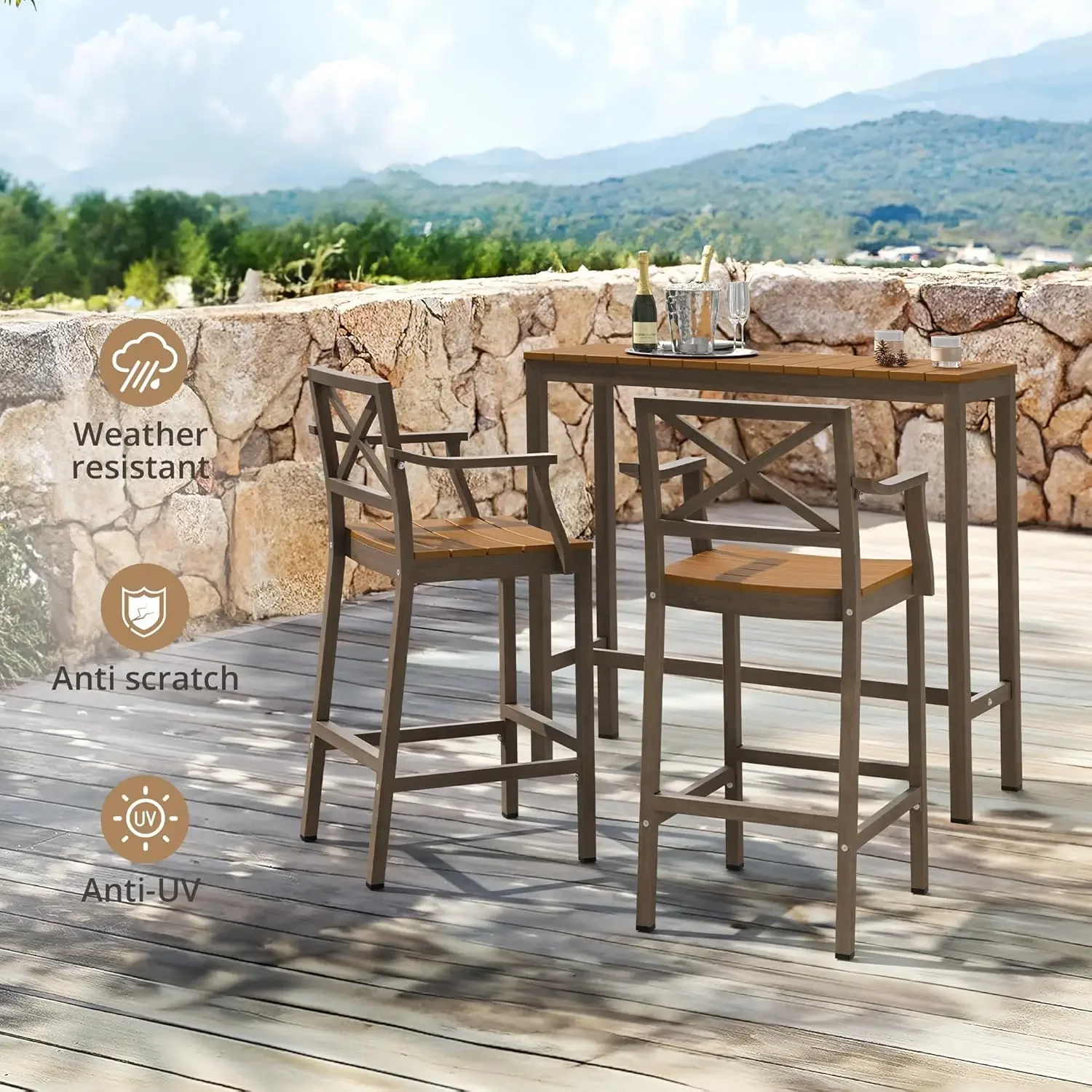 

Outdoor Bar Height Table and Chairs Set, 3 Piece Patio Pub Bar Set with 45" Slatted High Top Table