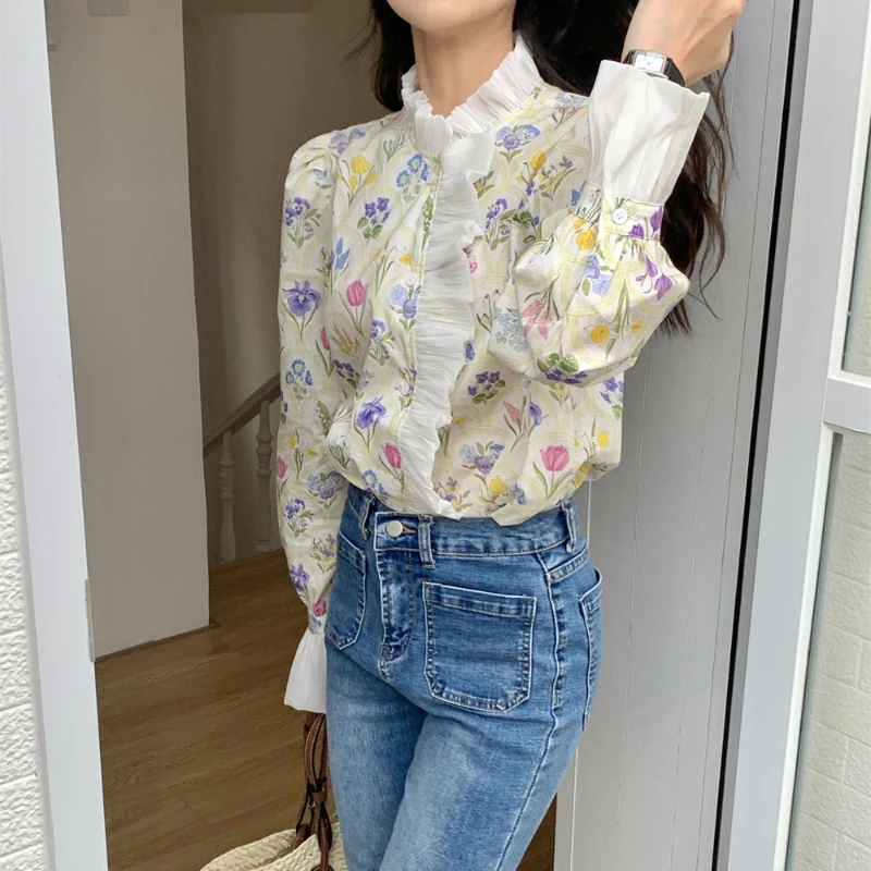 Matakawa Flare Hülse Frauen Shirts Drucken Floral Rollkragen Vintage Koreanische Mode Chic Blusen Elegante Frühling Herbst Blusas