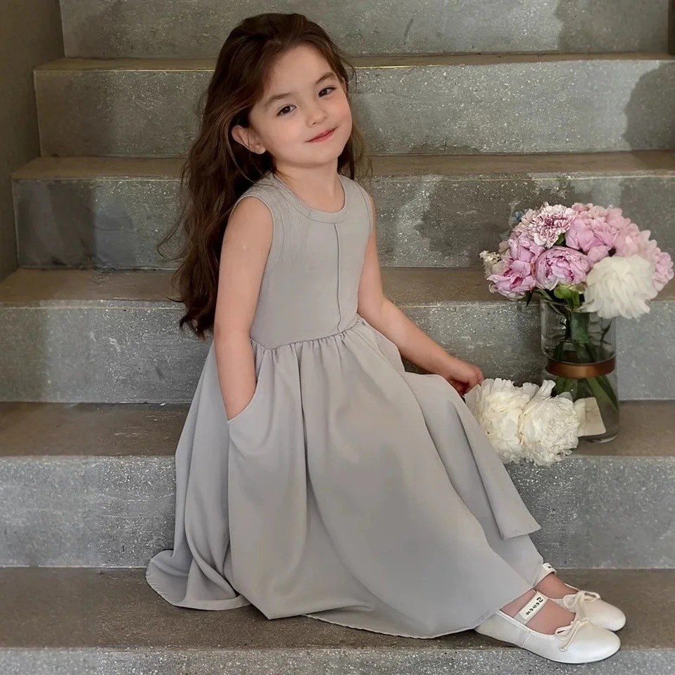 Girls' Backless Dress 2025 Summer Sleeveless Vest Princess Dress Solid Color Temperament Simple Splicing Beach Dress