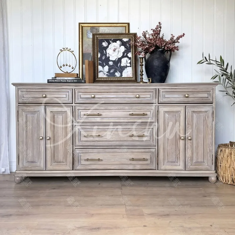 French retro old solid wood chest cabinet American country side cabinet multi-drawer double door bedside cabinet porch locker