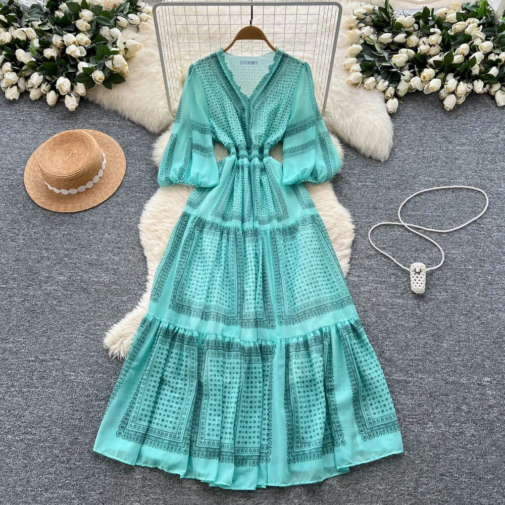 Chic vintage V-neck ruffle print slim Elegant Fairy korean fashion Boho Sundress women clothing Long dress