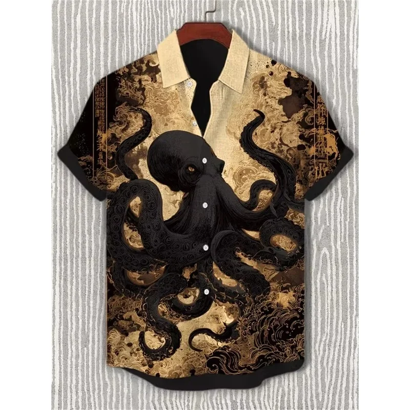 New men's artistic short sleeved shirt with Chinese style Shenlong Mountain and Sea design for daily commuting