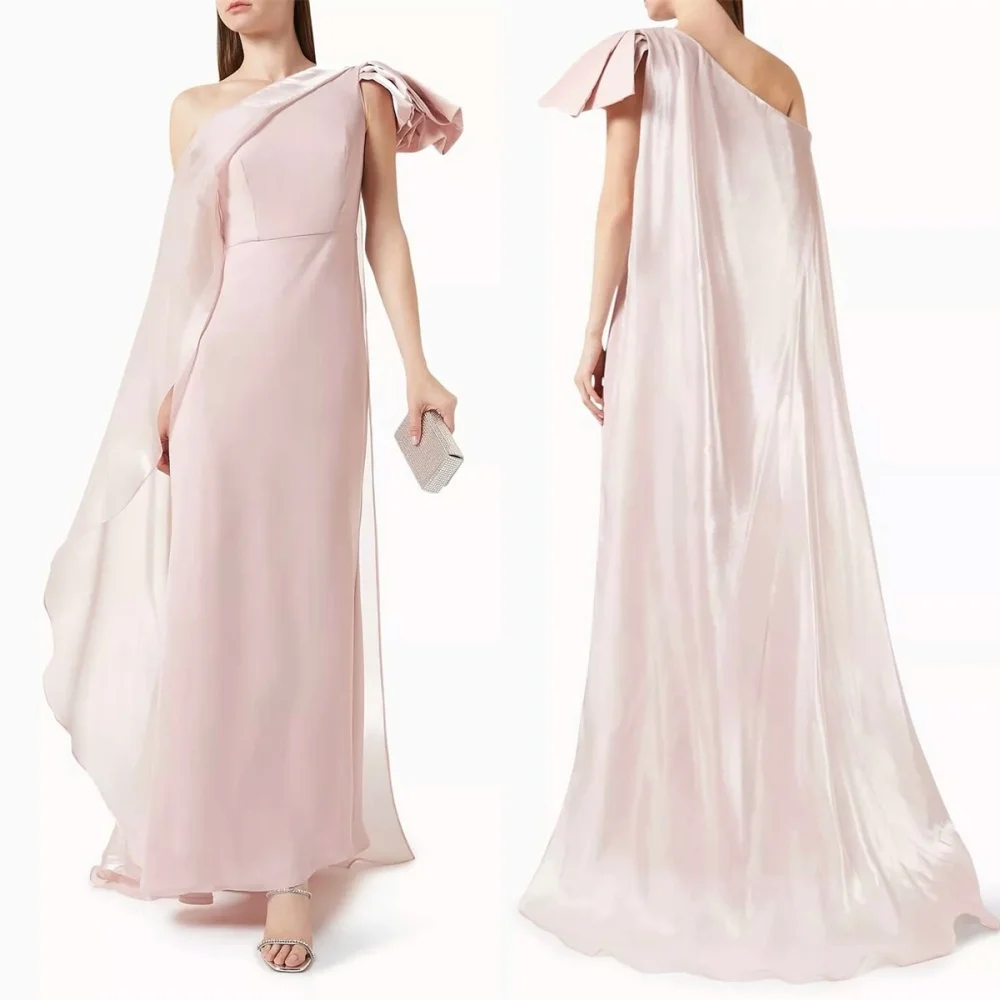 

Customized High Quality Champagne Chiffon Evening Dress Simple One Shoulder Off the Shoulder Shawl Special Occasion Gowns